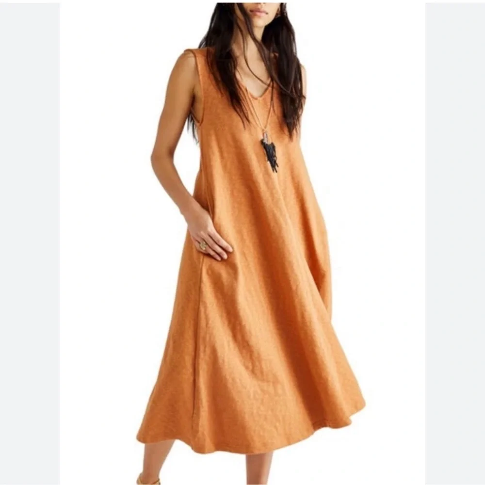Free People Sleeveless V‑Neck Midi Dress in Rust Orange